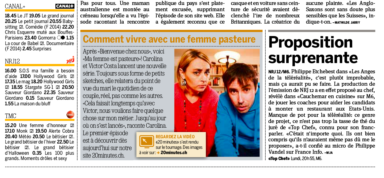 Article de presse et média : 20 minutes 18/02/2015 - Ma femme est pasteure