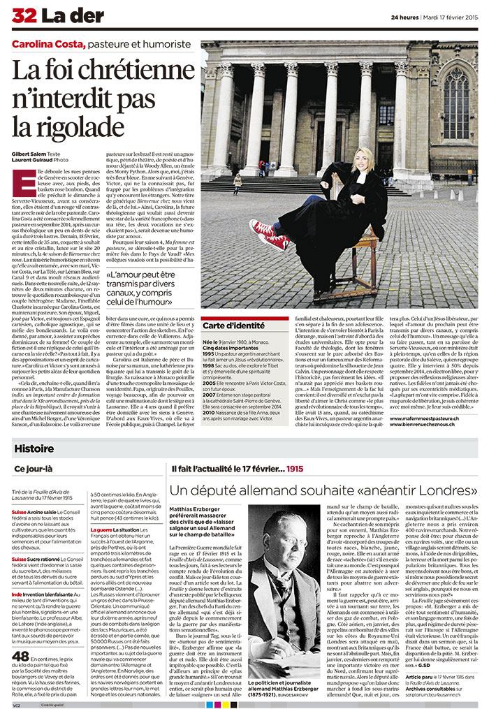 Article de presse et média : 24 heures 17/02/2015 - Ma femme est pasteure