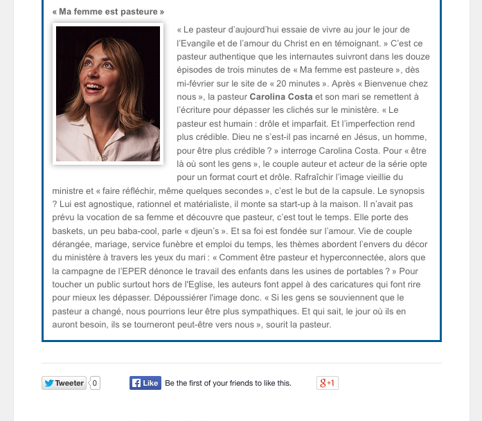 Article de presse et média : ma femme est pasteure dans bonne nouvelle de février 2015 - Ma femme est pasteure