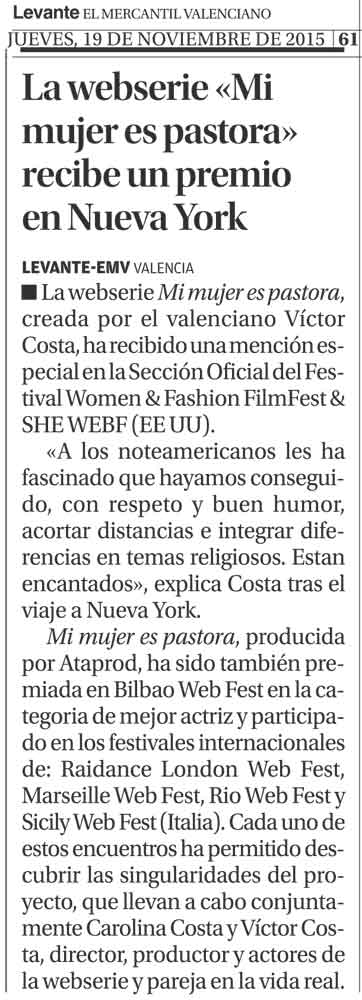 Article de presse et média : El levante du 19 novembre 2015 - Ma femme est pasteure