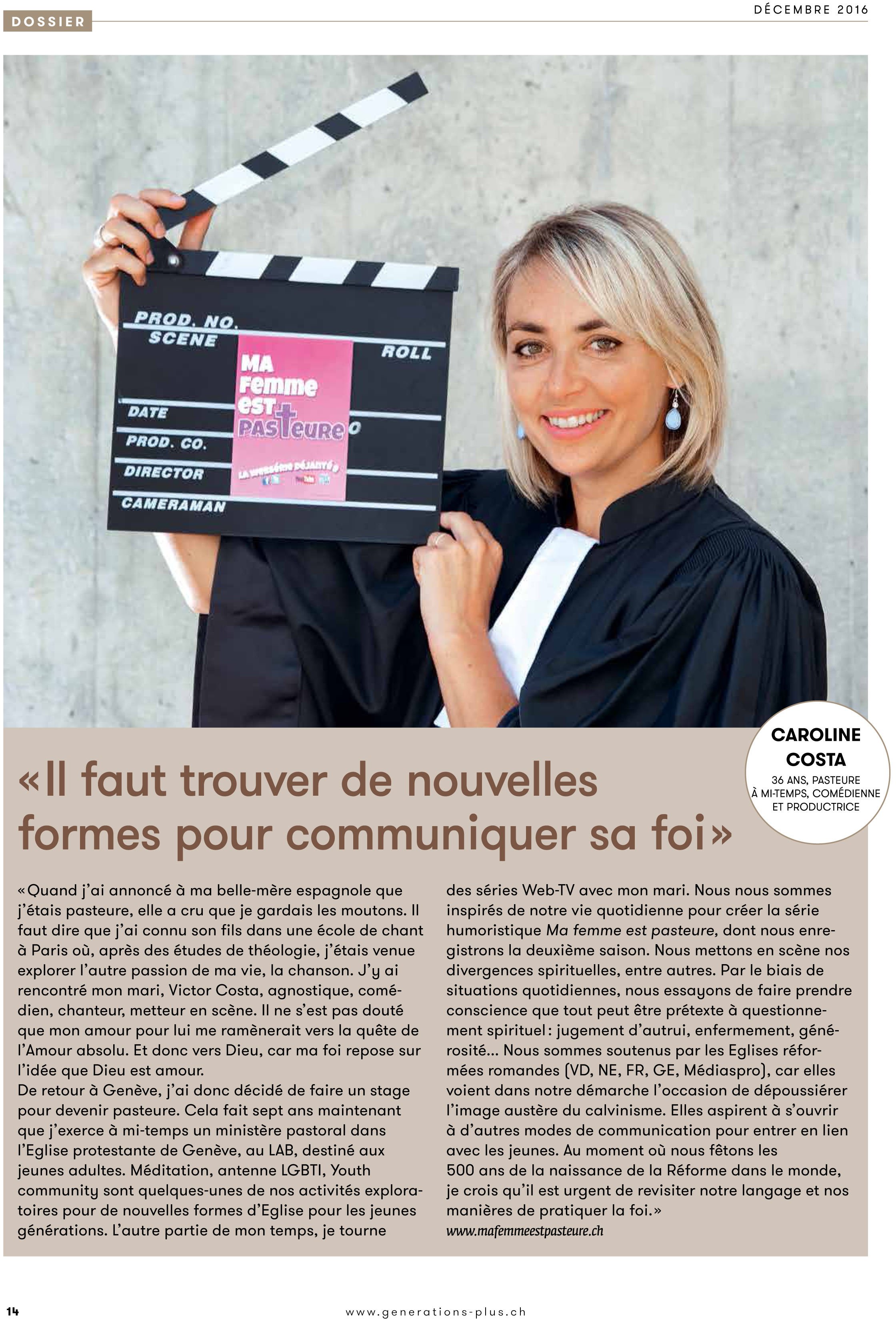 Article de presse et média : Generation-plus de Décembre 2016 - Ma femme est pasteure