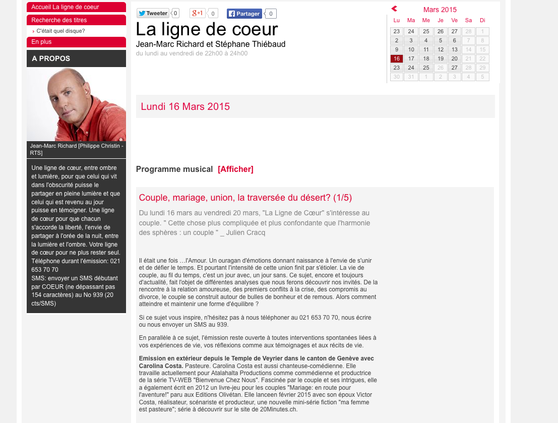 Article de presse et média : RTS La Ligne de coeur du 16 mars 2015 - Ma femme est pasteure