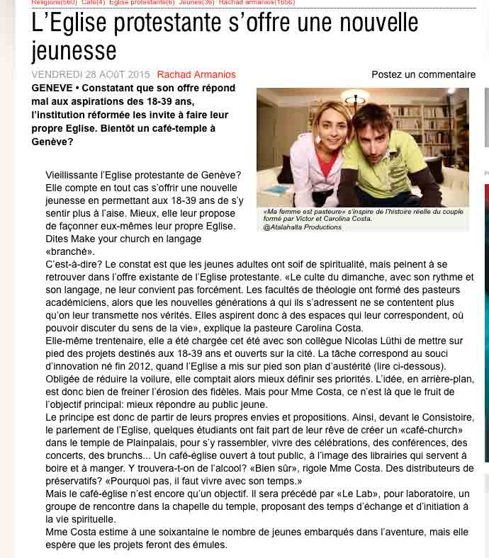 Article de presse et média : Le Courrier du 28 aout 2015 -1 - Ma femme est pasteure