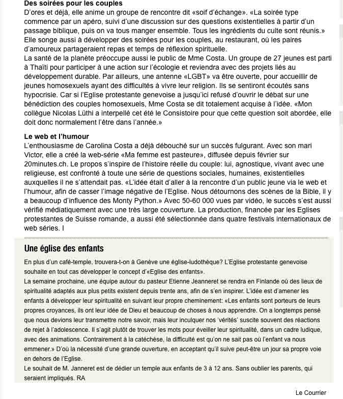 Article de presse et média : Le Courrier du 28 aout 2015 -2 - Ma femme est pasteure