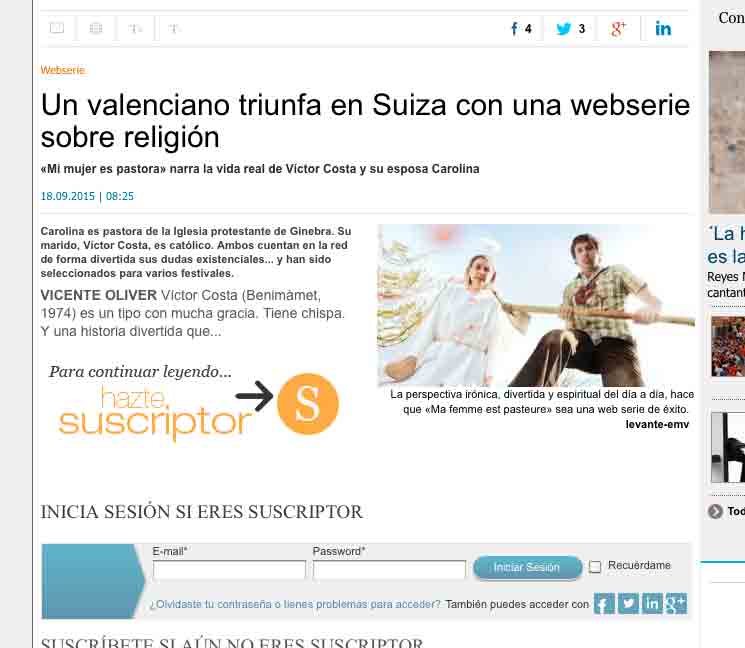 Article de presse et média : Levante du 18 septembre 2015 - Ma femme est pasteure