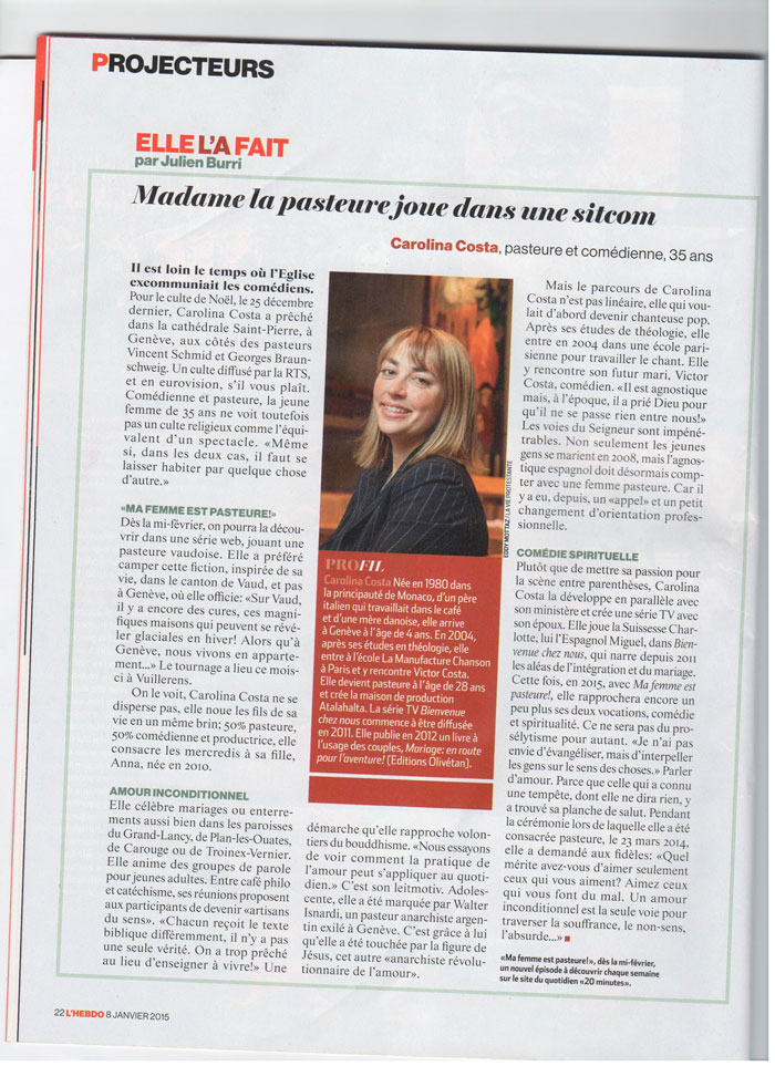 Article de presse et média : L´Hebdo 08/02/2015 - Ma femme est pasteure