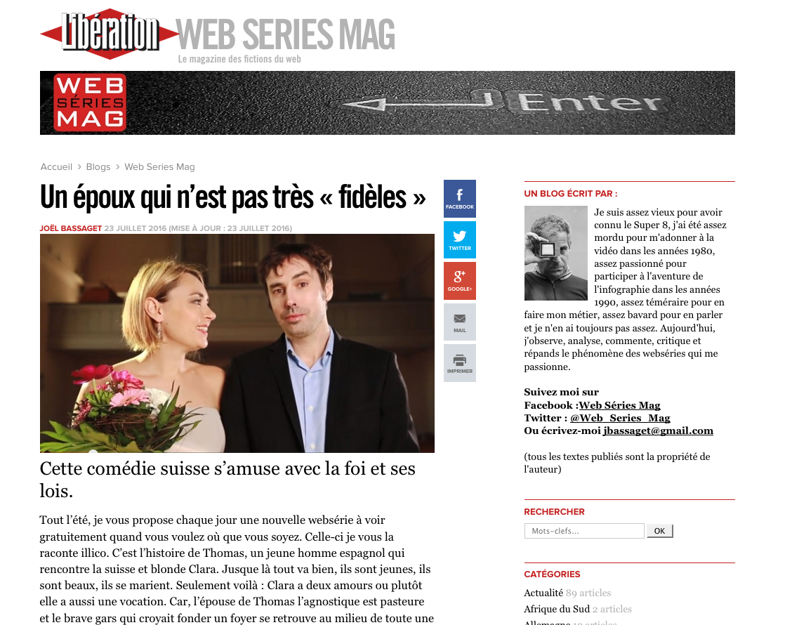 Article de presse et média : Libération du 23 juillet 2016 - France - Ma femme est pasteure