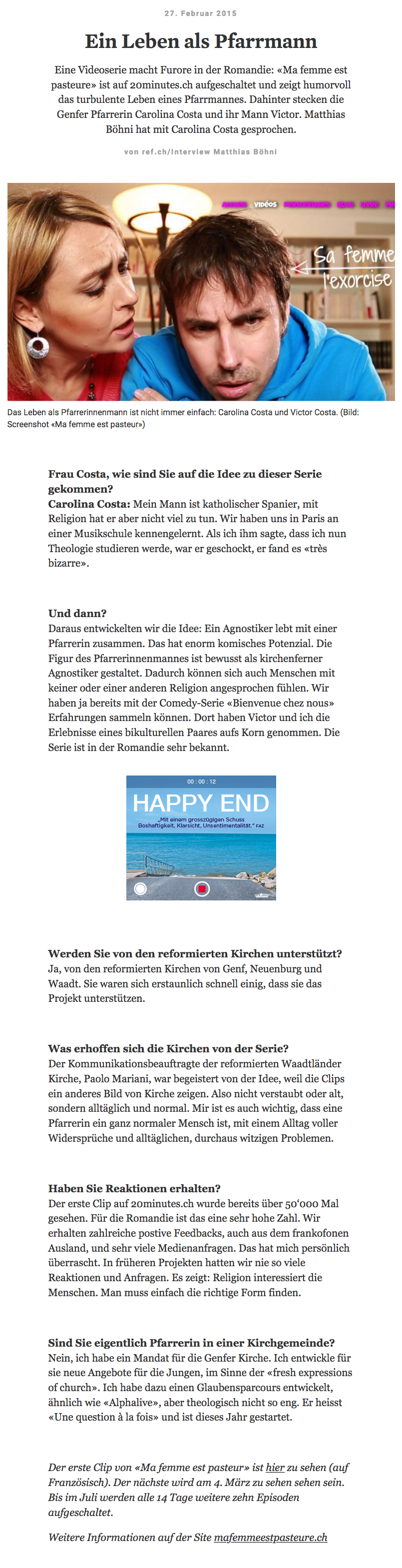 Article de presse et média : Ref.ch vom 27 Februar 2017 - Ma femme est pasteure