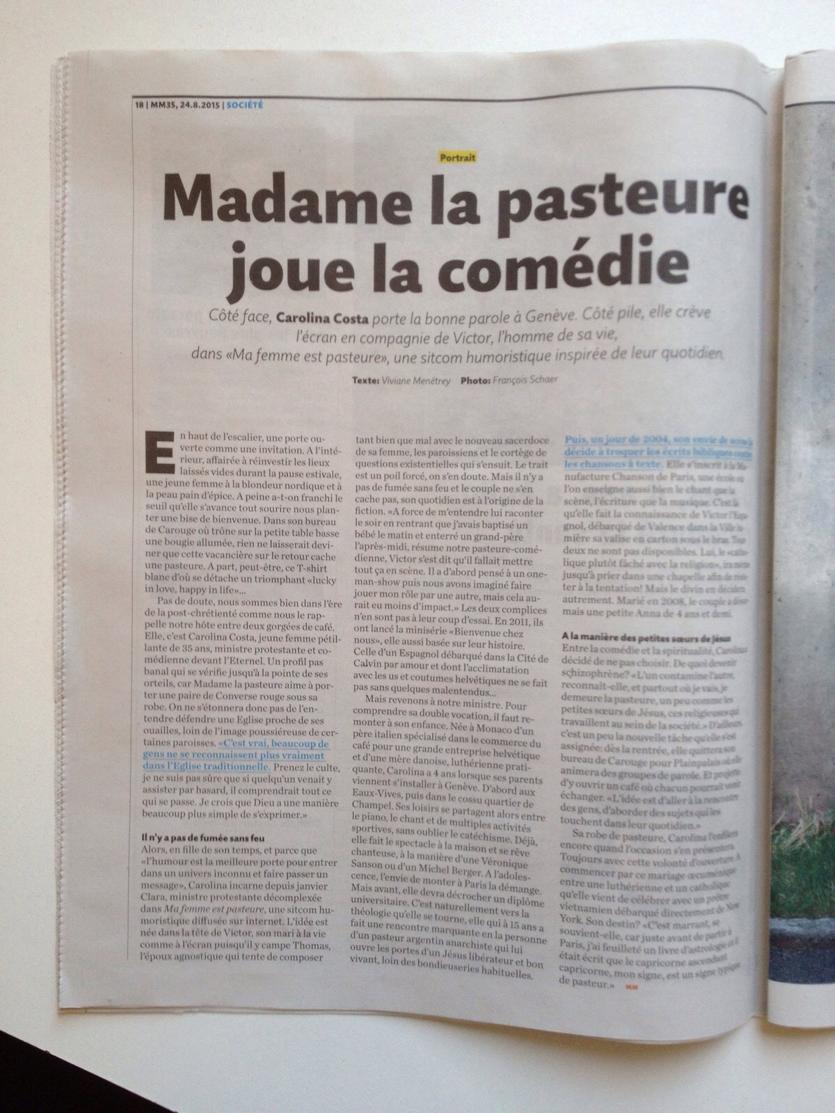 Article de presse et média : Migros Magazine 24 aout 2015 (SUITE 2) - Ma femme est pasteure