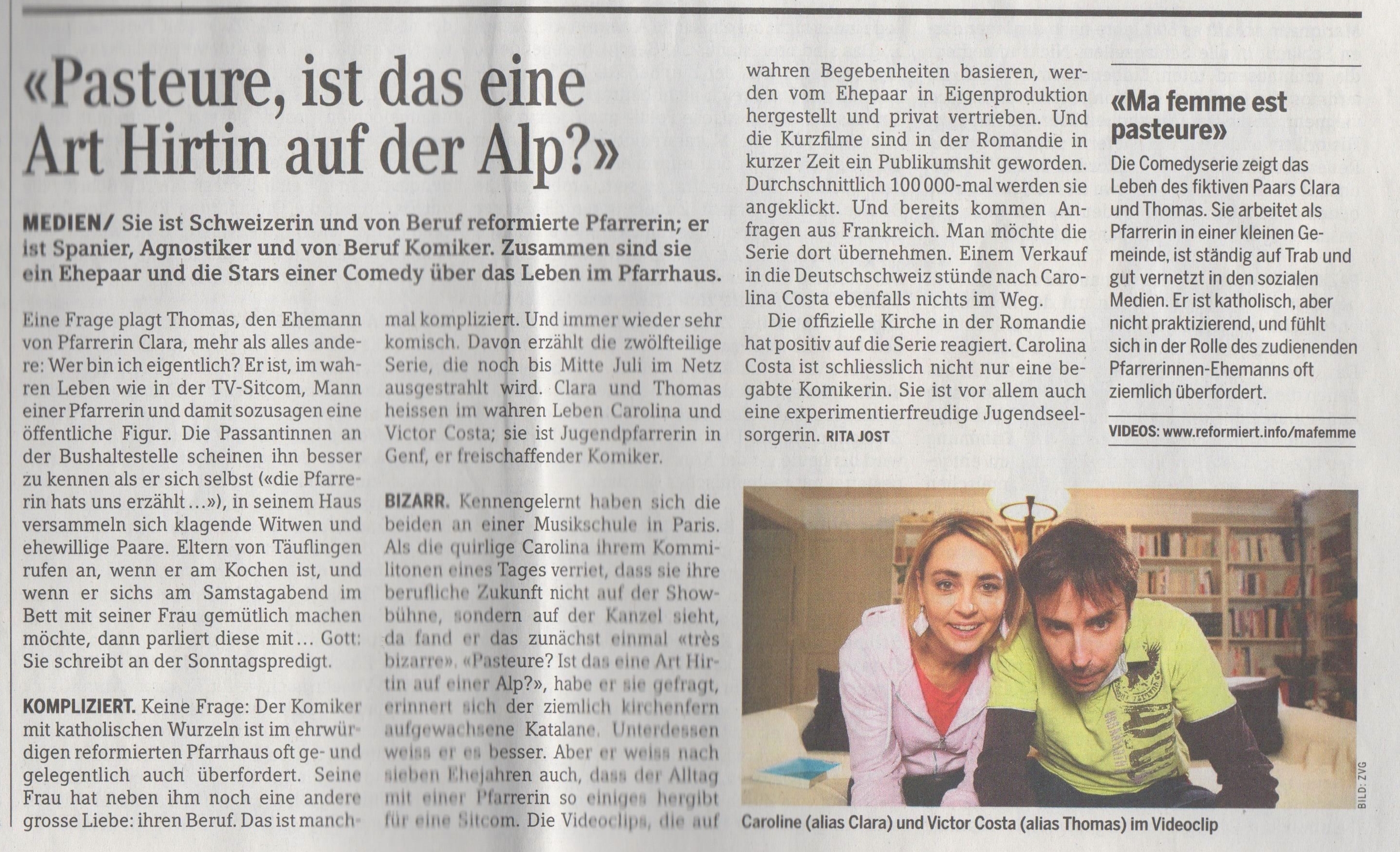 Article de presse et média : Reformiet / BERN-JURA-SOLOTHURN du 5 mai 2015 - Ma femme est pasteure